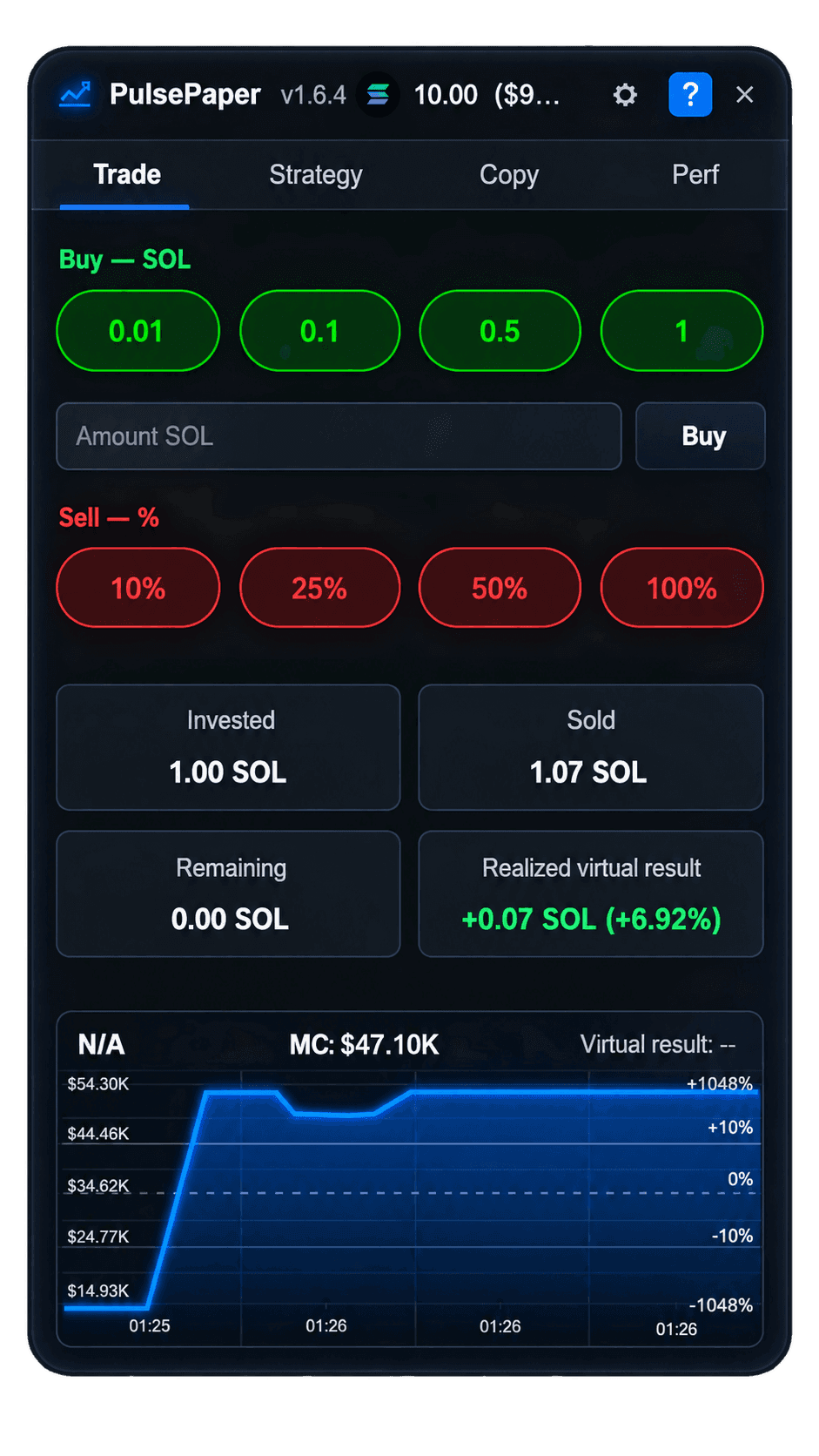 PulsePaper 1.6.4 paper trading panel on Axiom, showing a virtual result